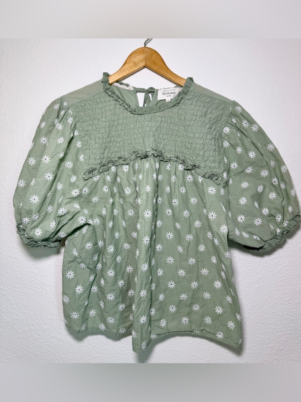 Bohme Sage Green Floral Embroidered Smocked Blouse Cottagecore Puff Sleeve Top S